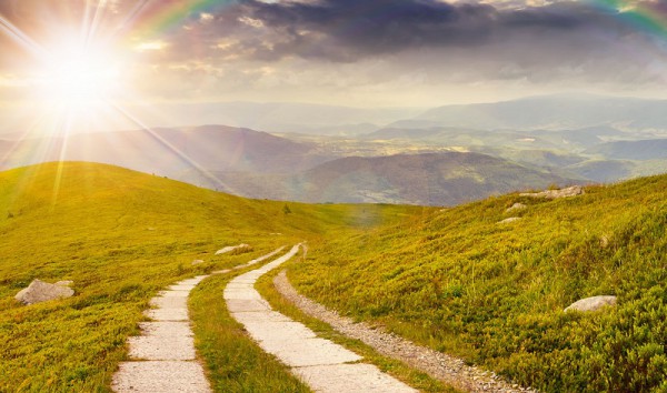 Rolling hills with meandering road and sun flaring above the horizon.