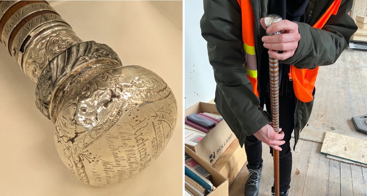A ceremonial cane, recently rediscovered in Victoria University’s Birge-Carnegie Building, and a Victoria University staff member holding the cane for a photo before its return to the United Church of Canada archives.