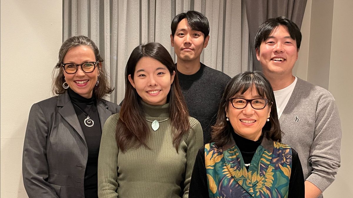 Vice-Principal Pamela McCarroll, students Hye Lim Yoon and Sungmin Park, Principal HyeRan Kim-Cragg and student Jaemin Lee smile at the camera.